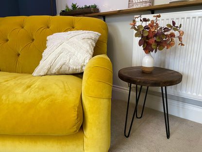 Scaffold board side table with hairpin legs